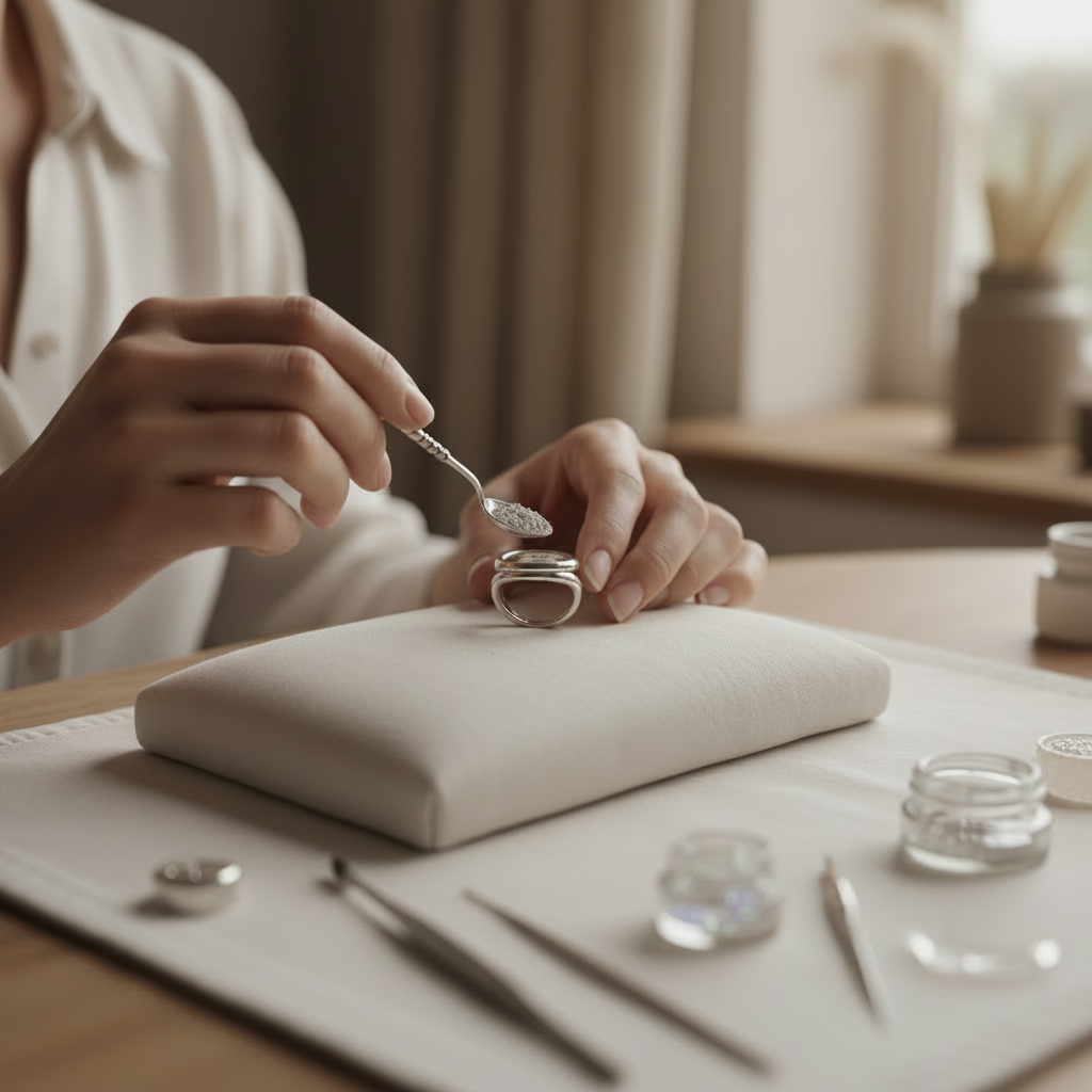 Artisan hands crafting memorial jewelry in the studio